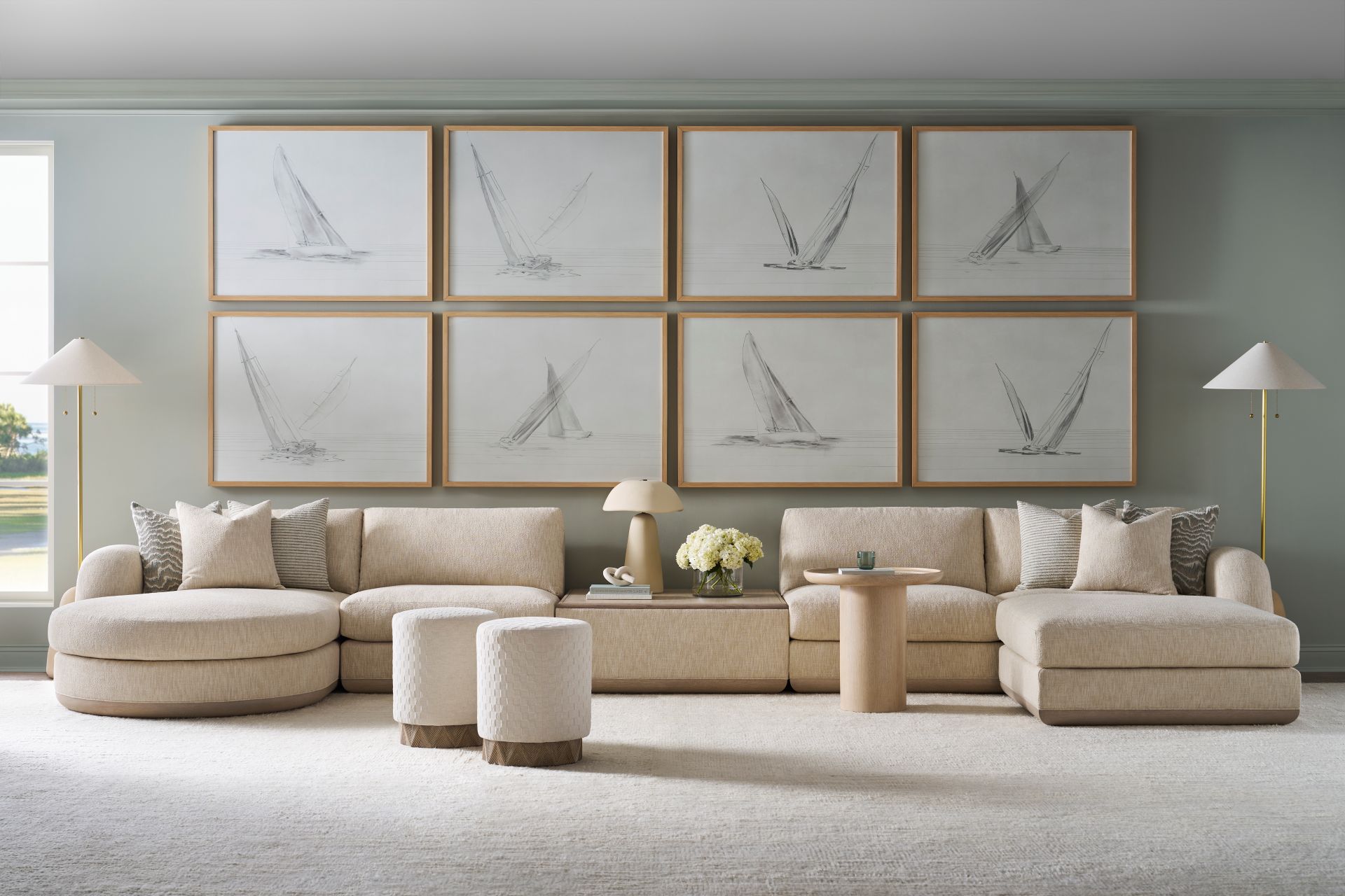 Scandinavian Calm living room with soft neutral upholstery, simple forms, light wood accents, and a calm, uncluttered aesthetic.