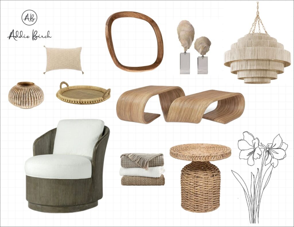 Organic Modern interior design mood board with sculptural furniture, woven textures, handcrafted accessories, natural wood tones, soft linens, and organic forms that bring warmth, texture, and architectural calm to a contemporary living space.