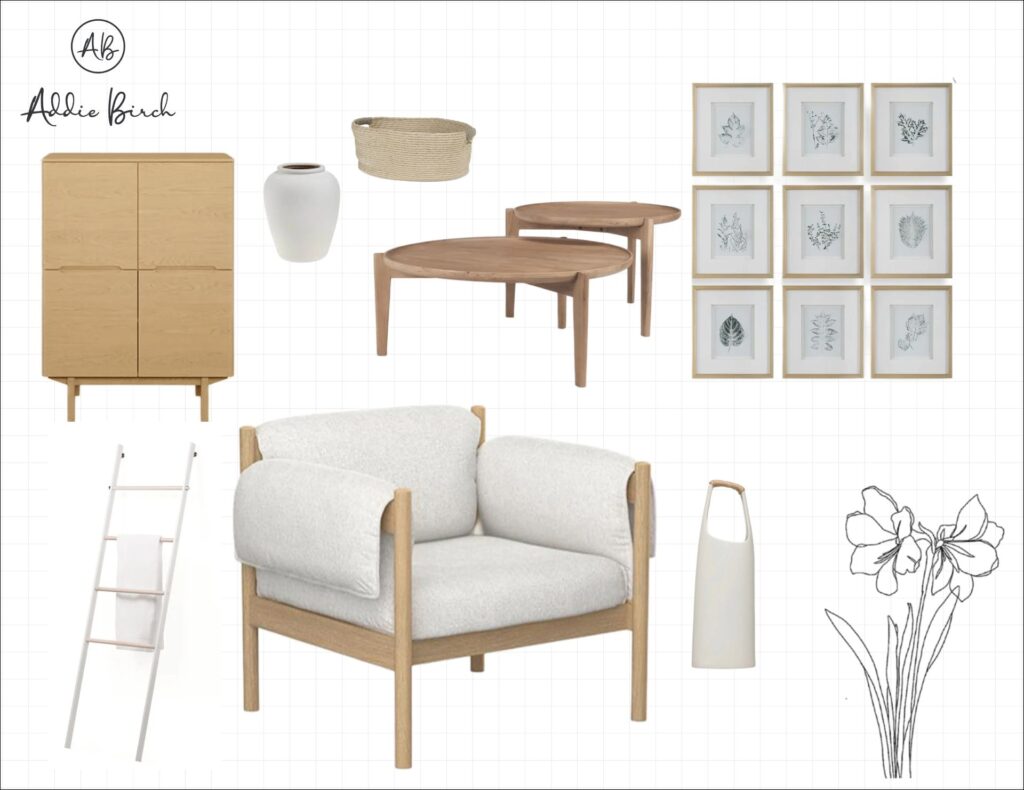 Scandinavian Calm mood board featuring light oak furniture, a sculptural upholstered lounge chair, minimalist botanical artwork, woven storage, ceramic accents, and soft neutral tones that embody Nordic simplicity, natural materials, and effortless everyday living.