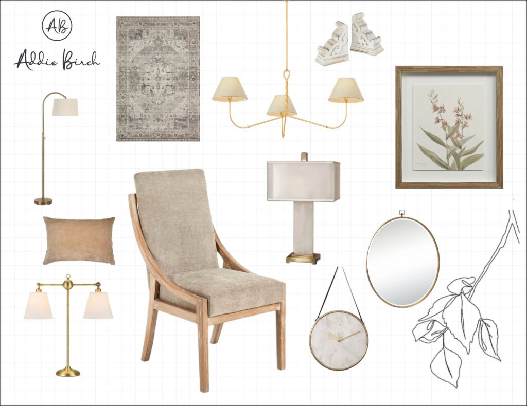 Timeless Classic interior design mood board featuring a tailored upholstered chair, traditional area rug, botanical artwork, brass lighting, marble accents, and soft neutral finishes that embody elegant, timeless living.