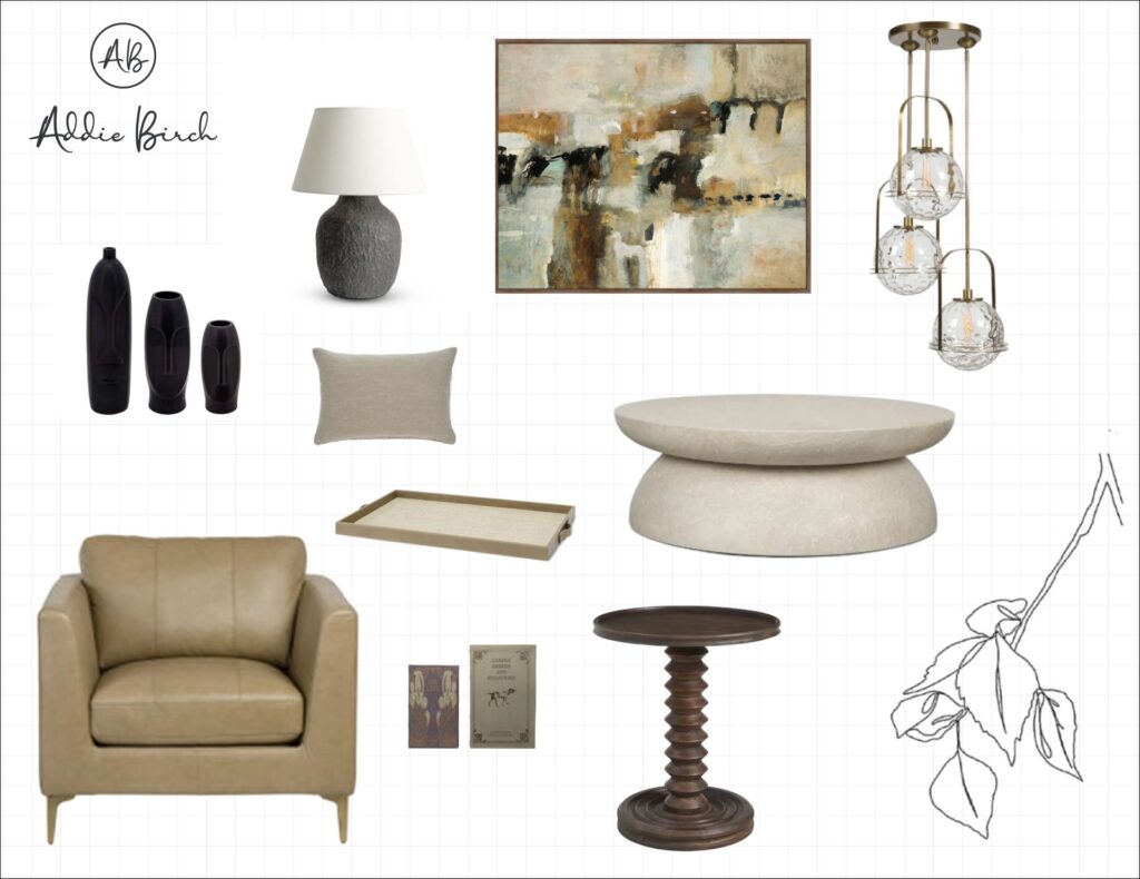 Warm Contemporary mood board featuring a camel leather accent chair, sculptural stone coffee table, walnut pedestal side table, brass and glass pendant lighting, abstract artwork, ceramic accessories, layered neutrals, and rich natural materials that create a warm, sophisticated contemporary interior.