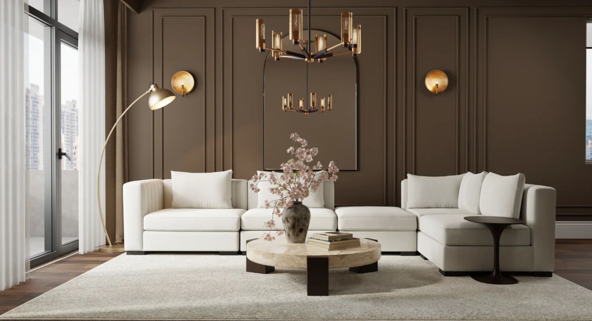 Warm Contemporary living room showcasing architectural detailing, tailored upholstery, warm materials, and sophisticated modern design.