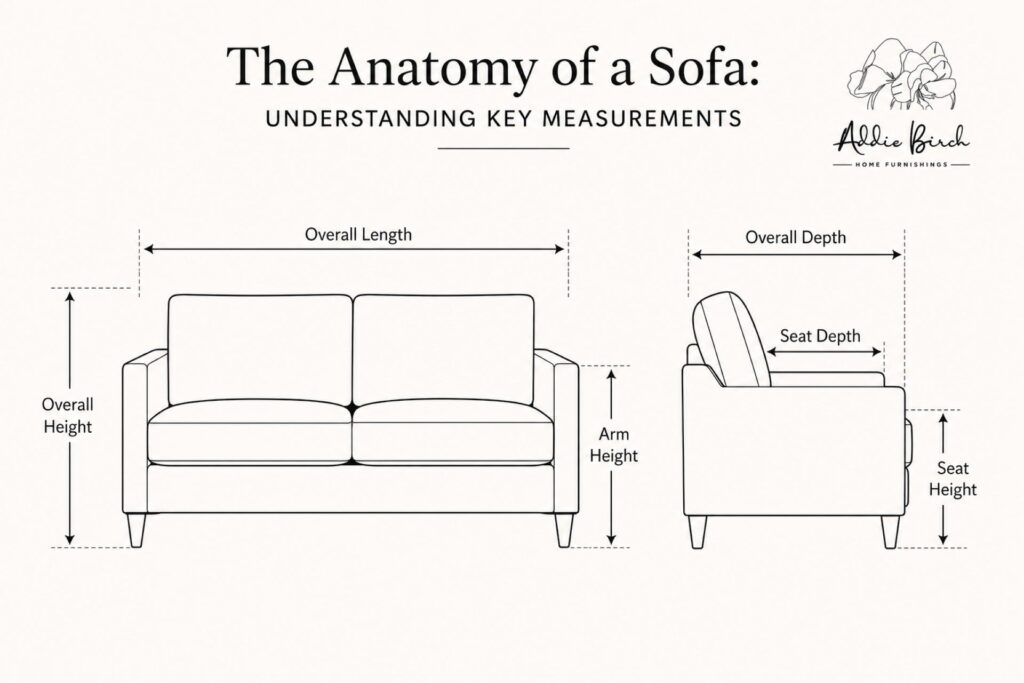 Create a clean, minimalist line drawing showing a sofa from the front and side view.