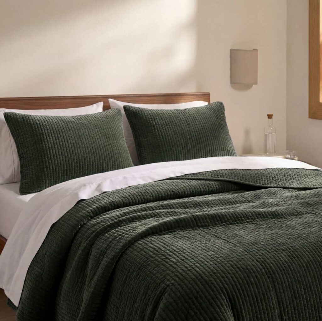 Stonewashed Cotton Velvet Quilt Set - Full/Queen (fern green)