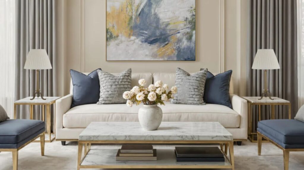 The same living room with drapery adds visual interest, elegance and warmth.